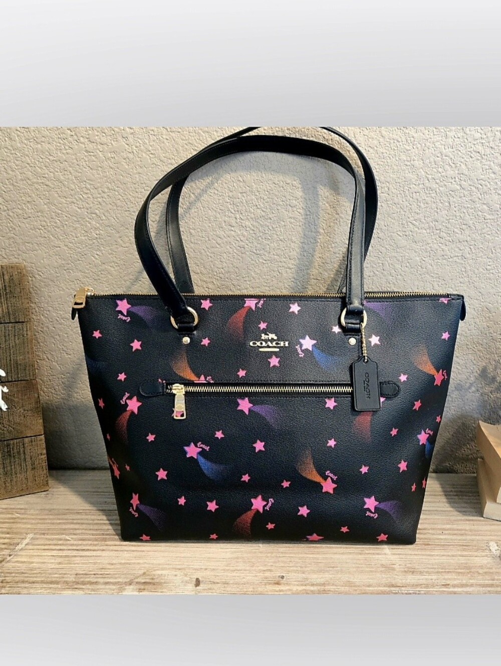 Coach Black Star Print Leather Tote Bag